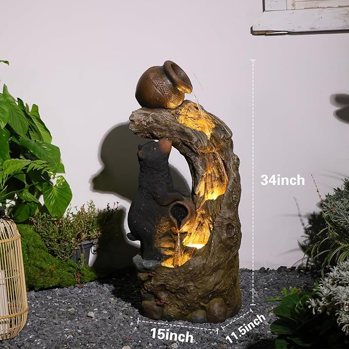 Sunlinua 34" H Decorative Bear Outdoor Water Fountain, Resin Water Fountain with LED Lights, Waterfall Fountains Indoor and Outdoor for Patio, Porch, Courtyard, Home Decor