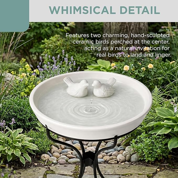 Alpine Corporation VTFAM148A 12" White Ceramic Bird Bath with Decorative Bird Accent & Black Metal Stand – Outdoor Garden Patio Yard Birdbath, 17" Tall Pedestal Base