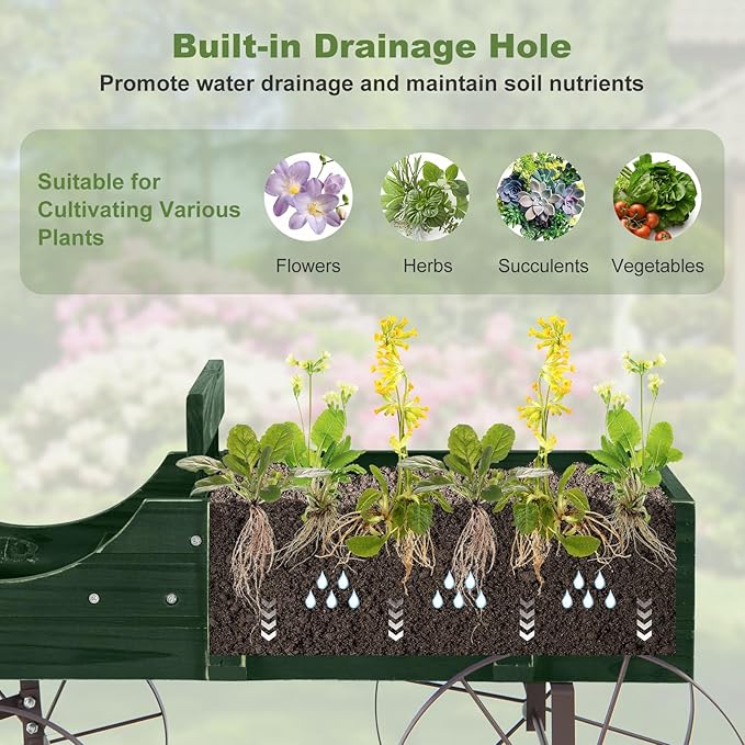 Wooden Wagon Planter, Decorative Flower Pots w/ 2 Planting Sections, Wheels & Handle, Rustic Farmhouse Garden Planter Box for Patio, Yard, Porch (Green)