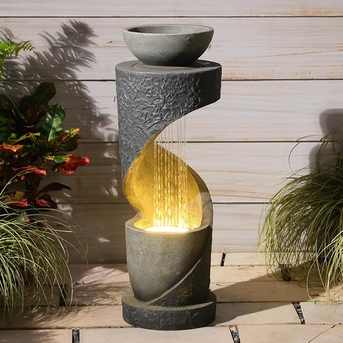 Sunlinua Outdoor Water Fountain with LED Light, Modern Spiral Tiered Outdoor Fountain with Stone Planter Curved Freestanding Waterfall Fountains for Garden Patio Deck Porch