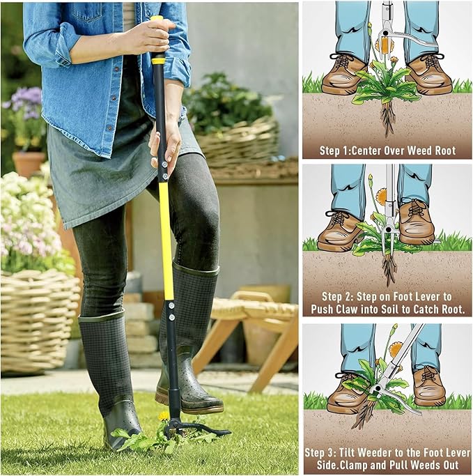 Jardineer Weed Puller Tool Stand Up Heavy Duty, 45" Weed Remover Tool with Long Handle and 4-Claw Steel Head, Manual Weeding Tool for Garden Lawn Yard, Easily Remove Weeds Without Bending