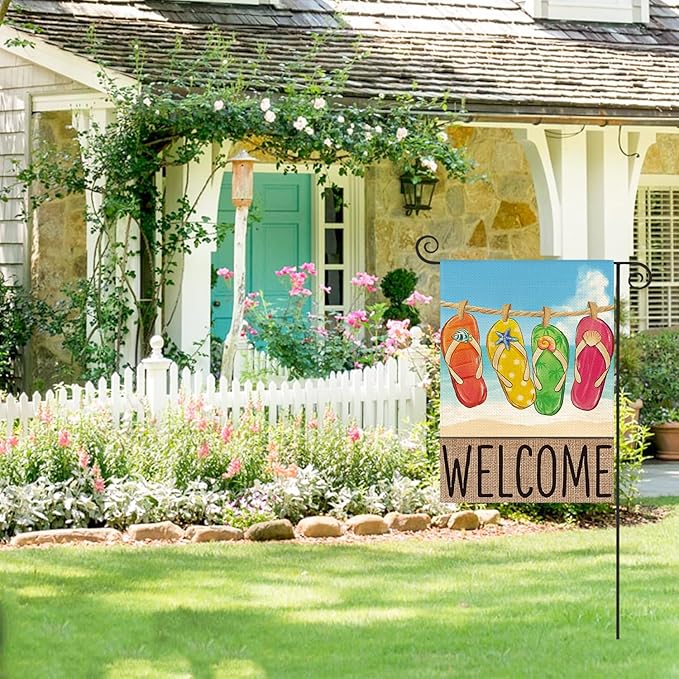 AVOIN colorlife Summer Beach Flip-flop Garden Flag 12x18 Inch Double Sided, Welcome Seasonal Holiday Burlap Yard Outdoor Decoration