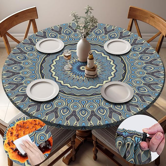 Drawstring Fitted Round Tablecloth for 36-44" Tables Outside Rustic Polyester Weather Proof Table Clothes Western Aesthetic Home Decoration Car Traveling Necessities Birthday Parties Finds