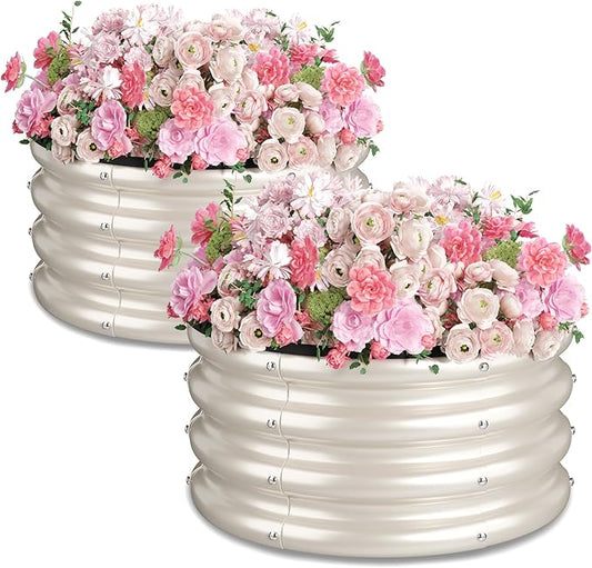 2 x 2 x 1 ft Round Raised Garden Bed, White 2 Pack 12 in Deep Galvanized Steel Planter Box with Safety Edge Trim for Vegetables Flowers Herbs Backyard Patio Outdoor Garden