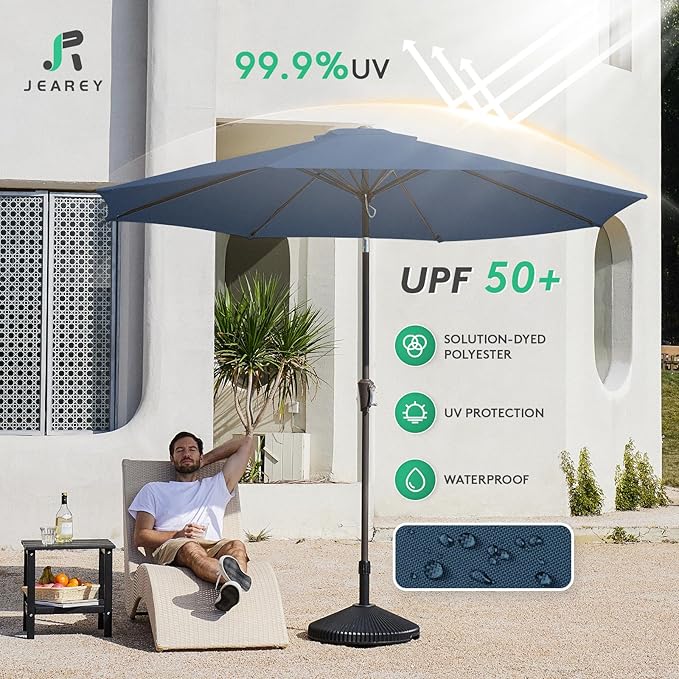 JEAREY 9FT Outdoor Patio Umbrella Outdoor Table Umbrella with Push Button Tilt and Crank, Market Umbrella 8 Sturdy Ribs UV Protection Waterproof for Pool, Deck, Backyard, Garden (Blue)