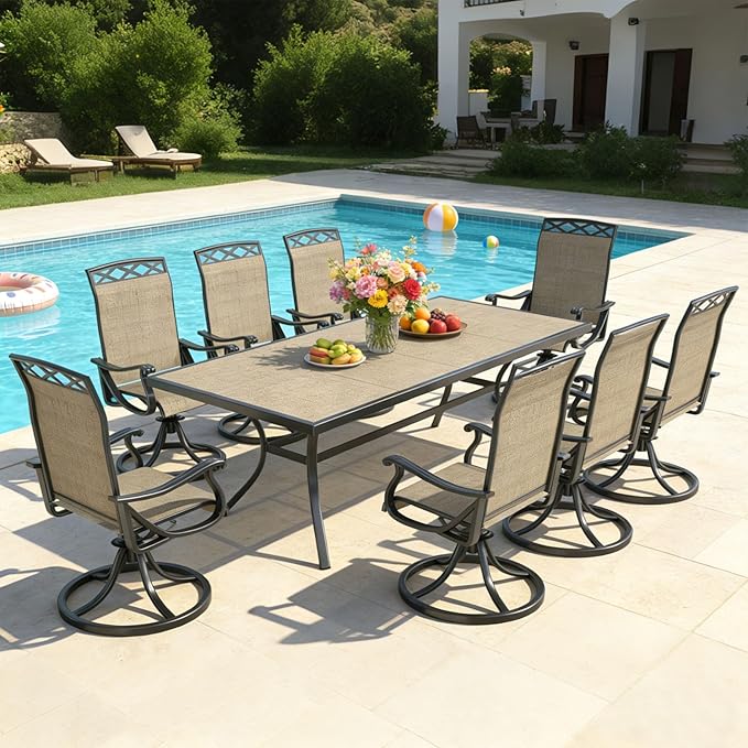 SHGJ&SOFT Patio Swivel Chairs, Waterproof Outdoor Dining Chairs with All-Weather Textilene Mesh for Deck, Garden, and Backyard (Brown6, 8PC)