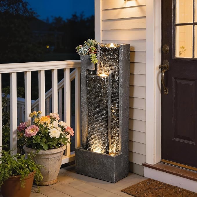 Outsunny 40" Tall Outdoor Waterfall Fountain with LED Lights and Planter, 3-Tier Cascading Waterfall Feature with Pump, Resin Freestanding Garden Fountain for Patio Balcony Garden, Dark Gray