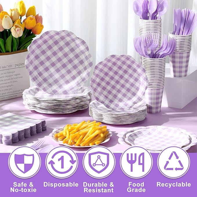 Funnymoom 400 Pcs Gingham Party Supplies for 50 Guests Purple and White Paper Plates and Napkins Knives Spoons Forks Cups Disposable Checkered Dinner Party Set Cutlery for Baby Shower Wedding Favor