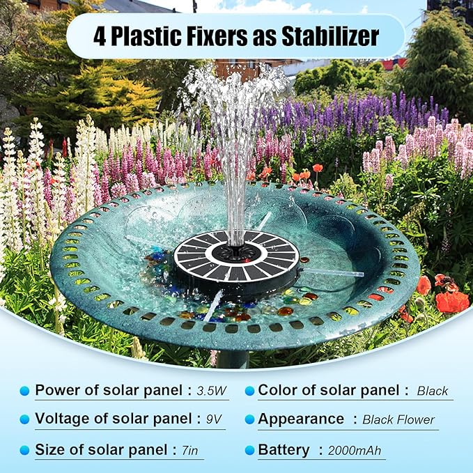 SZMP Solar Water Fountain Works in Cloudy Weather,Solar Fountain for Bird Bath 3.5W Faster Conversion Glass Solar Panel,Power Indicator Replaceable Nozzles,Built-in 2000mAh Battery(White Panel)