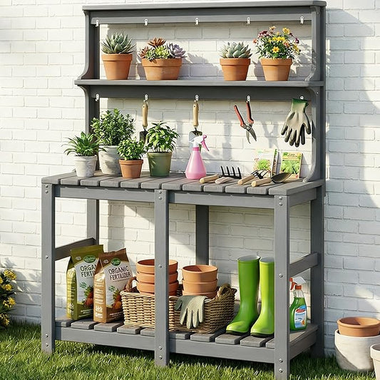 Outdoor Potting Bench with 3 Tier, All-Weather Patio Potting Table with Tool Hooks, HDPE Gardening Table for Backyard, Garden, Grey