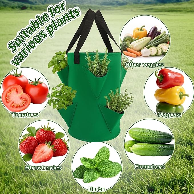 Augshy 3 Pack Upside Down Strawberry Planter Bags, 3 Gallon Hanging Grow Bags 6 Pockets with 3 Hooks Tomato Planter Topsy Turvy Planter for Strawberry Tomato Herb Vegetables House Garden
