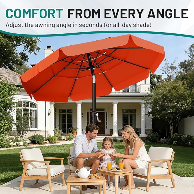 AreShark 9FT 3-Tiers Patio Umbrella with Valance, Outdoor Umbrellas with Crank/Tilt, Table Market Umbrella Vented w/ 8 Sturdy Ribs for Garden, Deck, Backyard, and Pool, Orange