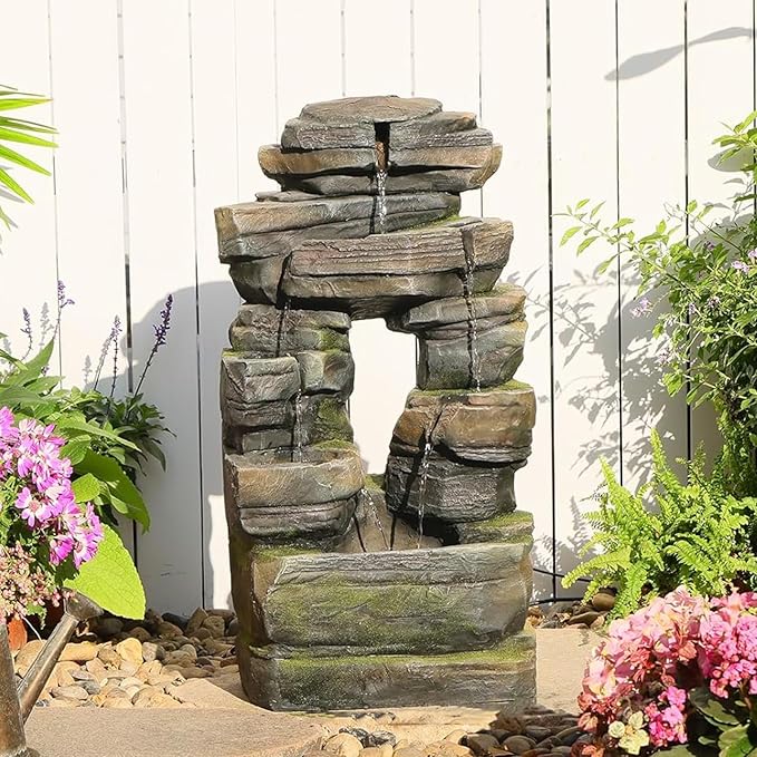 26.4" Outdoor Water Fountain with LED Lights, Stacked Rock Waterfall Fountain, Resin Garden Water Feature for Arch Design, Freestanding Patio, Yard