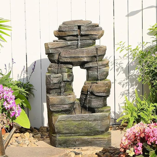 26.4" Outdoor Water Fountain with LED Lights, Stacked Rock Waterfall Fountain, Resin Garden Water Feature for Arch Design, Freestanding Patio, Yard