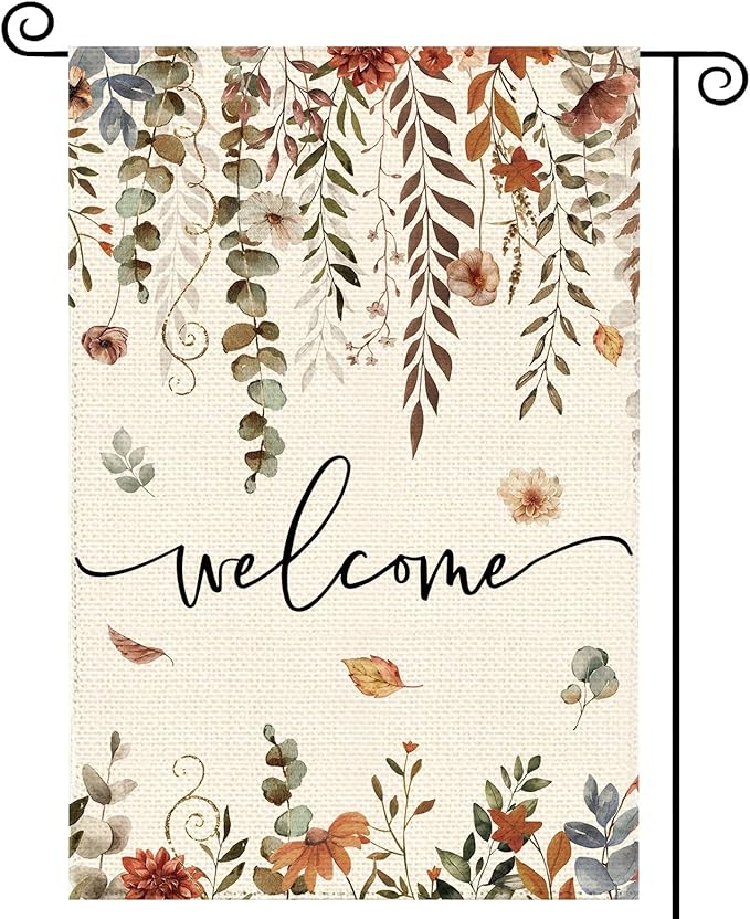Fall Thanksgiving Harvest Eucalyptus Floral Welcome Garden Flag 12 x 18 Inch Double Sided, Autumn Flower Burlap Small Yard Flag Farmhouse Seasonal Holiday Patio Outdoor Outside Decoration