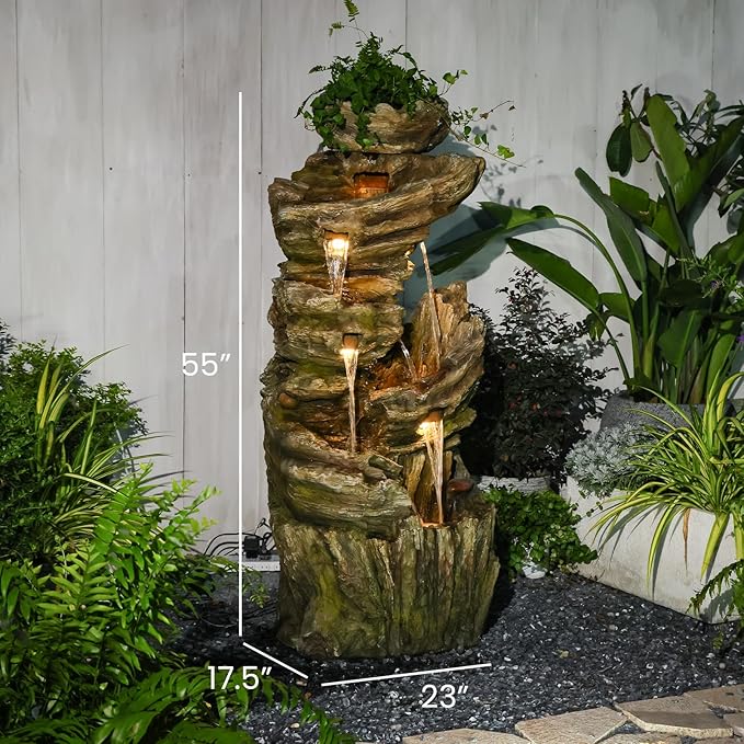 Sunlinua 55" H Outdoor Water Fountain 7-Tiers Large Cascading Imitative Wood Natural Waterfall Outdoor Fountains Resin Floor Standing Foutain with LED Lights for Garden, Patio, Porch