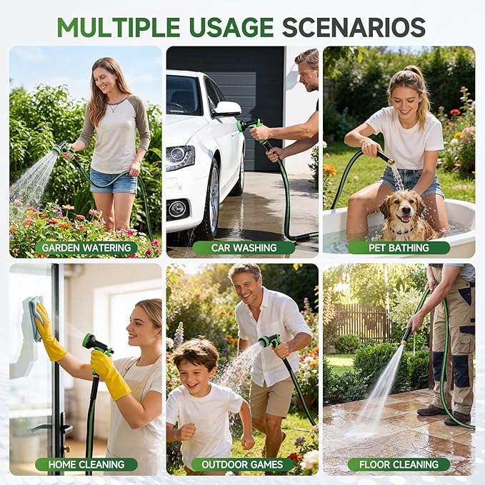 Garden Hose 100 ft Flexible Water Hoses Non-Expanding Lightweight Portable No Kink High Pressure Flat Fabric 3/4” fittings Leak-proof Durable Pipe for Outdoor Outside Yard Lawn Patio Watering
