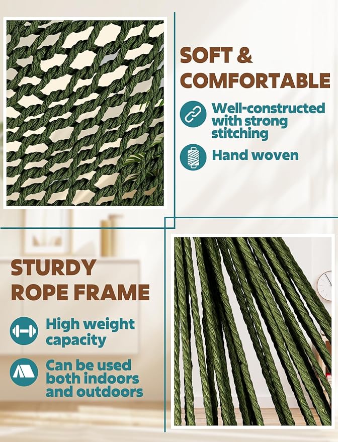 Chihee Hammock Chair Handmade Hanging Chair Cotton Rope Woven Hanging Seat Soft-Spun Large Stretch Hammock Swing, Collapsible Strong Metal Spreader Bar Elegant Macrame Comfort Indoor Outdoor Garden