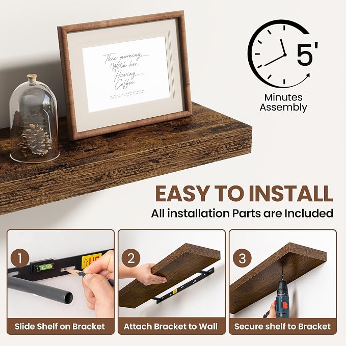 Acovy 24 Inch Floating Shelves for Wall 2 Pack, 24" Wall Shelves for Books, Storage, Decor, Wall Mounted Floating Shelf with Invisible Brackets for Kitchen, Living Room, Brown