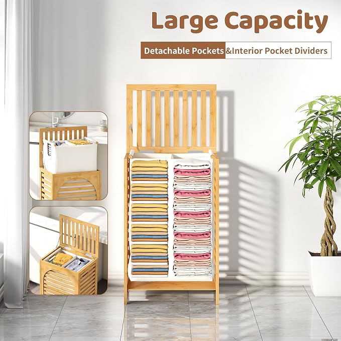 Laundry Hamper with Lid (16.9 * 13 * 26.5inches) Large Bamboo Laundry Bin Basket 85L Clothes Hamper with 1 Removable Bag Storage baskets for Bathroom(Natural)