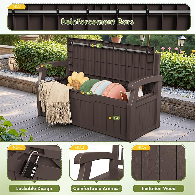 Greesum 80 Gallon Outdoor Storage Bench Deck Box with Cushion & Armrest, Lockable, Waterproof UV Resistant, Comfortable Seating for Patio, Pool, Garden, Brown