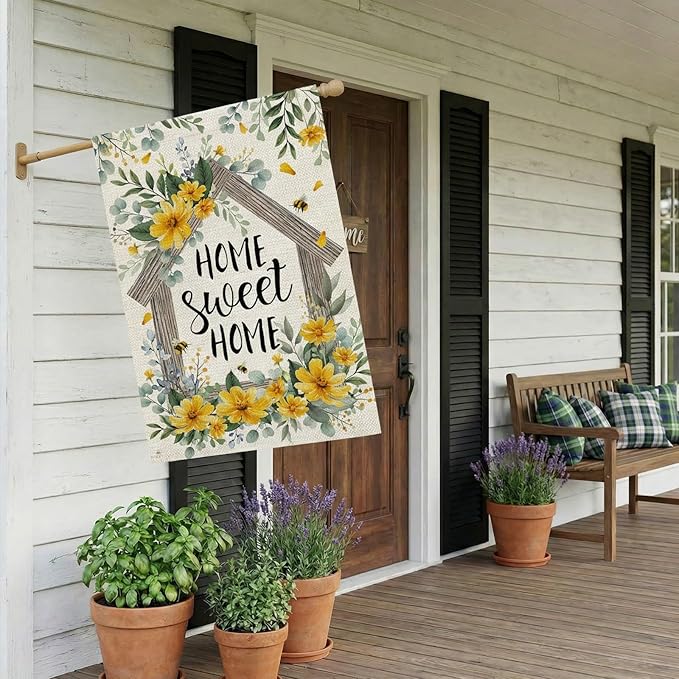 CROWNED BEAUTY Spring Home Sweet Home House Flag Eucalyptus Yellow Wildflowers Double Sided 28x40 Inches Large Burlap Welcome Holiday Seasonal Yard Decoration for Outside Porch