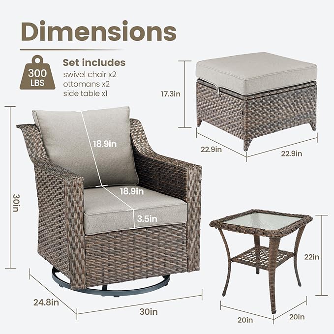 Outdoor Wicker Patio Furniture Set - 5 Piece Outside Rattan Conversation Bistro Dining Chair Sets with Rocking Swivel Chairs, Ottomans and Side Table for Porch Yard Balcony – Brown/Beige
