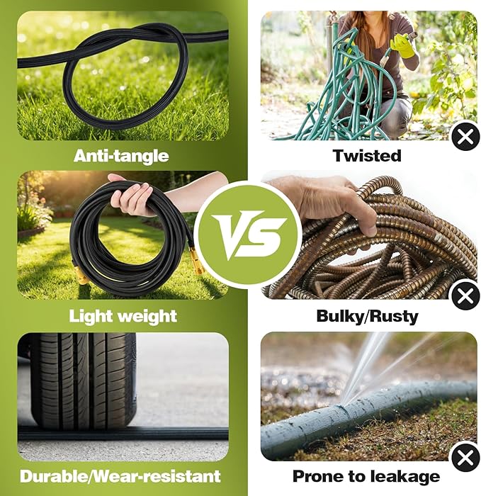 Garden Hose 50 FT, Lightweight Non-Expanding Water Hose with 10 Function Nozzle, Manguera Para Jardin with 3/4" Brass Connectors Leak-Proof, Burst-Resistant, Anti-Kink