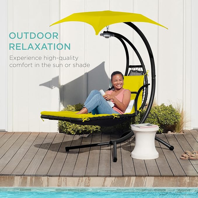 Best Choice Products Hanging LED-Lit Curved Chaise Lounge Chair Swing for Backyard, Patio, Lawn w/ 3 Light Settings, Weather-Resistant Pillow, Removable Canopy Shade, Steel Stand - Yellow