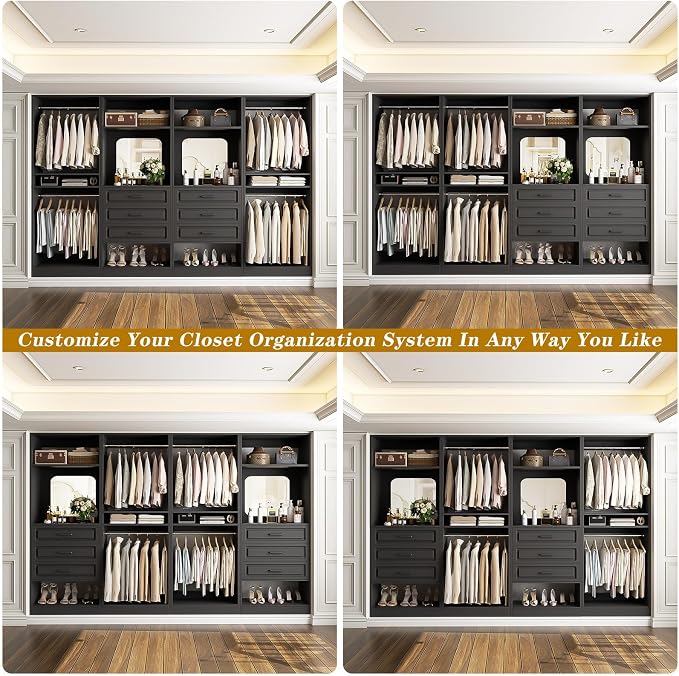 Unikito Closet System, 100" Closet Organizer with Drawers & Mirror, Black
