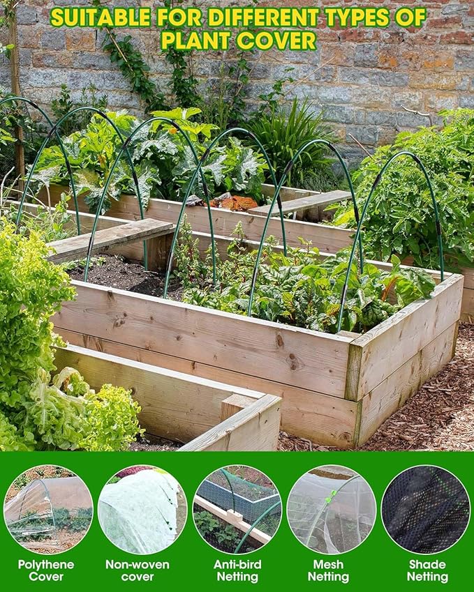60Pcs Garden Hoops for Raised Beds, 12Sets Greenhouse Hoops Grow Tunnel, Rust-Free Fiberglass Support Hoops Frame for Netting Shade Cloth Cover, DIY Plant Support Garden Stakes