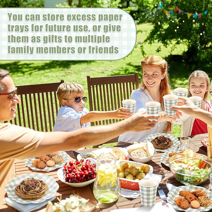 Funnymoom 400 Pcs Gingham Party Supplies for 50 Guests Green and White Paper Plates and Napkins Knives Spoons Forks Cups Disposable Checkered Dinner Party Set Cutlery for Baby Shower Wedding Favor