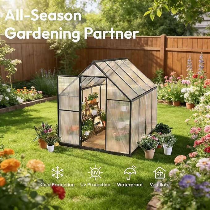 6 x 8 FT Greenhouse for Outdoors, Polycarbonate Greenhouse with Quick Setup Structure and Roof Vent, Aluminum Large Walk-in Green House for Outside Garden Backyard, Charcoal Black