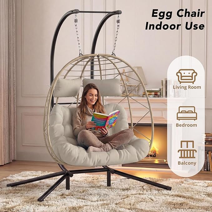 Easyego 2-Person Wicker Hanging Egg Chair with Stand- 700 lb Capacity, Indoor/Outdoor Double Egg Swing Hammock Chair for Patio, Garden, Porch, Living Room, Bedroom-Khaki