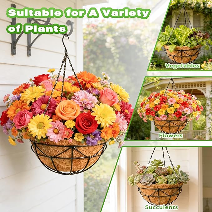 4 Pack 12 Inch Metal Outdoor Hanging Baskets Black Heavy Duty Hanging Planters with Coco Liners for Indoor Outdoor Plants Gardens Patios Terraces（Geometric）