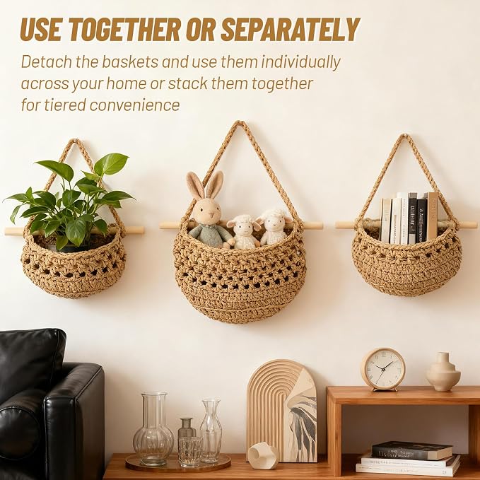 3 Tier Cotton Woven Wall Hanging Fruit Basket, 32 Inch