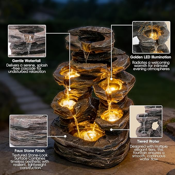 7-Tier Cascading Outdoor Fountain with LED Lights, 23" H Fountains and Waterfalls Stone-Look for Garden, Patio, Yard Decor