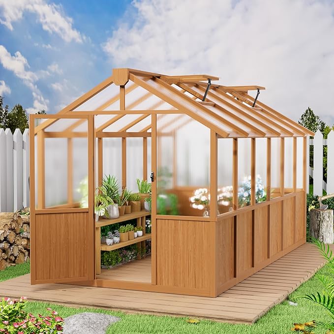 6x12 FT Wooden Greenhouse ,Natural Wood Garden House for Plants,Heavy Duty Green House with Polycarbonate Panel, Walk-in Large Garden Greenhouse for Yard, Patio, and Backyard