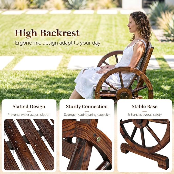 Outvita 41'' Outdoor Wooden Bench, 2-Person Rustic Wagon Wheel Bench with Slatted Seat and Carbonized Fir Wood Construction, Weather-Resistant Garden Bench for Patio, Porch and Backyard(Dark Brown)
