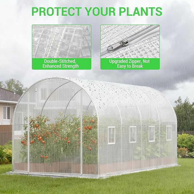 Premium 14.6x6.4x6.3 Ft Greenhouse for Outdoors, Large Walk-in Heavy Duty Galvanized Steel Frame, Mesh Door Screen Window Tunnel Hoop Garden Plant Winter Hot House for Backyard Plants Shed White