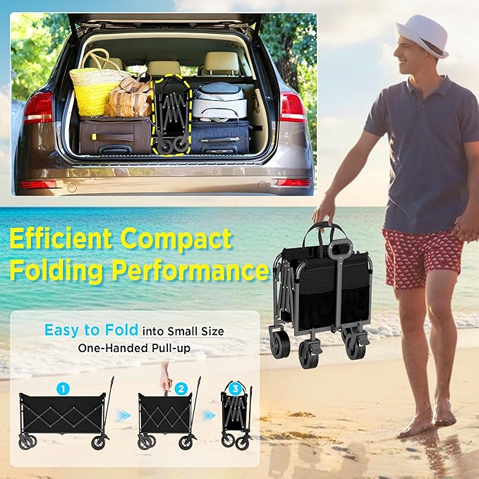 Wagons Carts Foldable, Beach Wagon with Brakes & All-Terrain Wheels 560LBS Capacity Collapsible Wagon for Trips, Outdoor Camping, Sports & Garden Use – Black