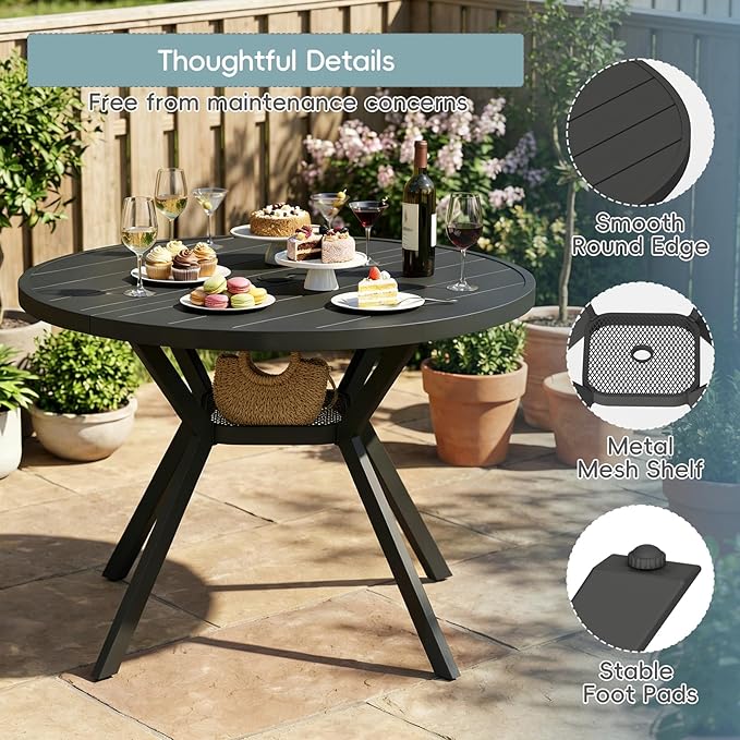 42" Outdoor Patio Table Dining Table, All Weather Metal Round Patio Table with Adjustable Umbrella Hole, Patio Furniture for Lawn Garden Backyard, Black