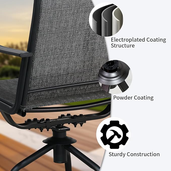 SHGJ&SOFT Patio Swivel Chairs, Waterproof Outdoor Dining Chairs with All-Weather Textilene Mesh for Deck, Garden, and Backyard (Patterned Backrest-Grey, Set of 8)