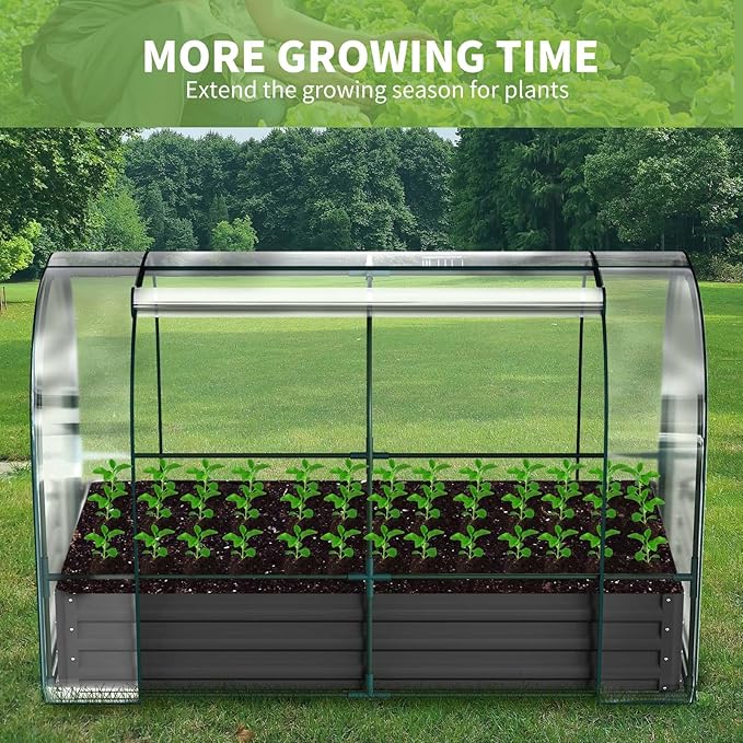DoCred Galvanized Raised Garden Bed with PVC Cover, 72.8" x 37.4" x 47.2" Metal Planter Bottomless Box w/ Roll-Up Window, Mini Greenhouse Tent for Outdoor Growing Vegetables Flower Fruit