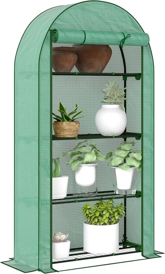 Outsunny 4 Tier Mini Greenhouse, 41.3" x 17.7" x 63" Portable Greenhouse with Roll-Up Door and PE Cover, for Backyard Garden, Green