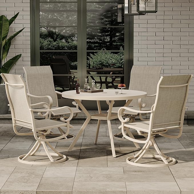42" Outdoor Patio Table Dining Table, All Weather Metal Round Patio Table with Adjustable Umbrella Hole, Patio Furniture for Lawn Garden Backyard, Sandshell
