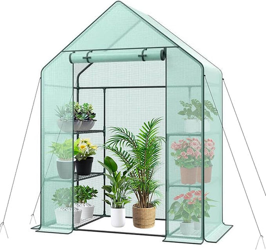 3 Tier 6 Shelves Mini Walk-in Greenhouse, 56 x 28 x 76 inch, Durable PE Cover Green House Kit with Anchors and Ropes, Outdoor Plant Gardening Hot House for Growing Vegetables, Flowers