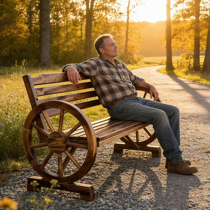 VINGLI Rustic Wooden Wheel Bench Outdoor Bench, Patio Bench Wagon Slatted Seat, Garden Benches for Outdoors 350lbs High Capacity, Weather Resistance (Teak, 55in)
