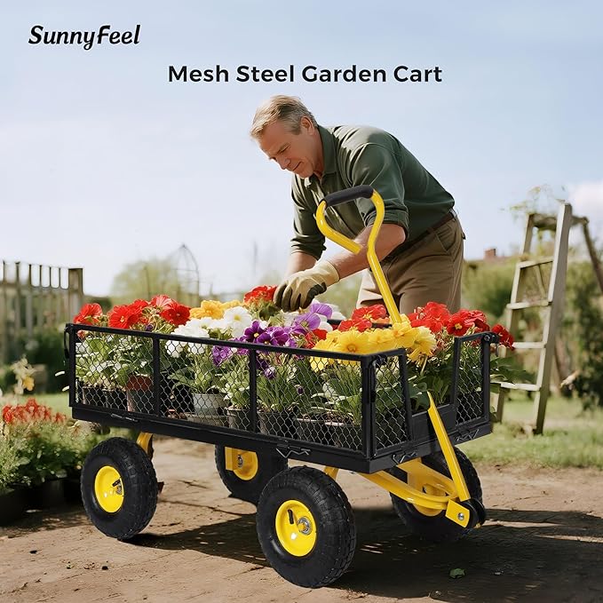 SUNNYFEEL 500 Lbs Capacity Heavy Duty Mesh Steel Garden Cart, Folding Utility Wagon with Removable Sides,10 Inch Flat Free Tires, Black & Yellow