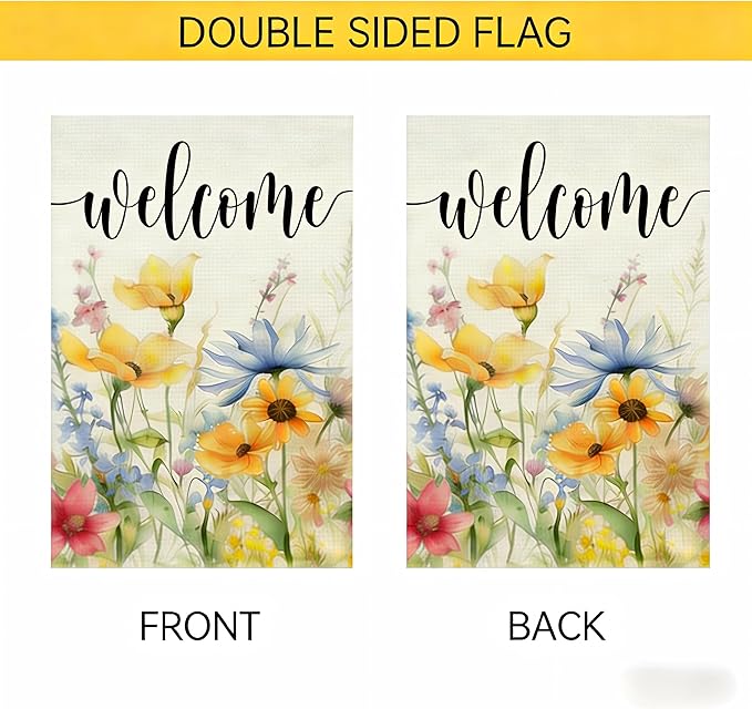 Spring Garden Flag 12x18 Inch Double Sided Outdoor Decor Watercolor floral welcome design for spring decor, seasonal summer garden flag for outside yard, patio, farmhouse, and holiday outdoor decoration
